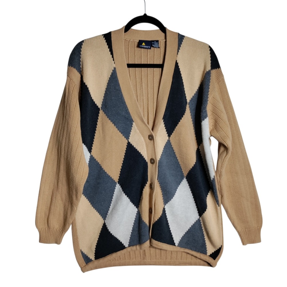 Lizsport Womens Argyle Cardigan Sweater Tan Blue V-Neck Button‎ Front Cotton M
